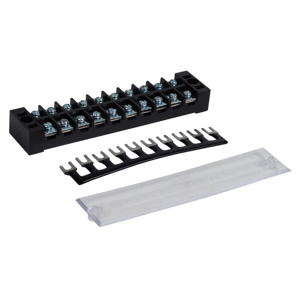 Main product image for 35A Barrier Terminal Block 10 Position Dual Row Screws 12 Pitch with Cover and Black Jumper090-817